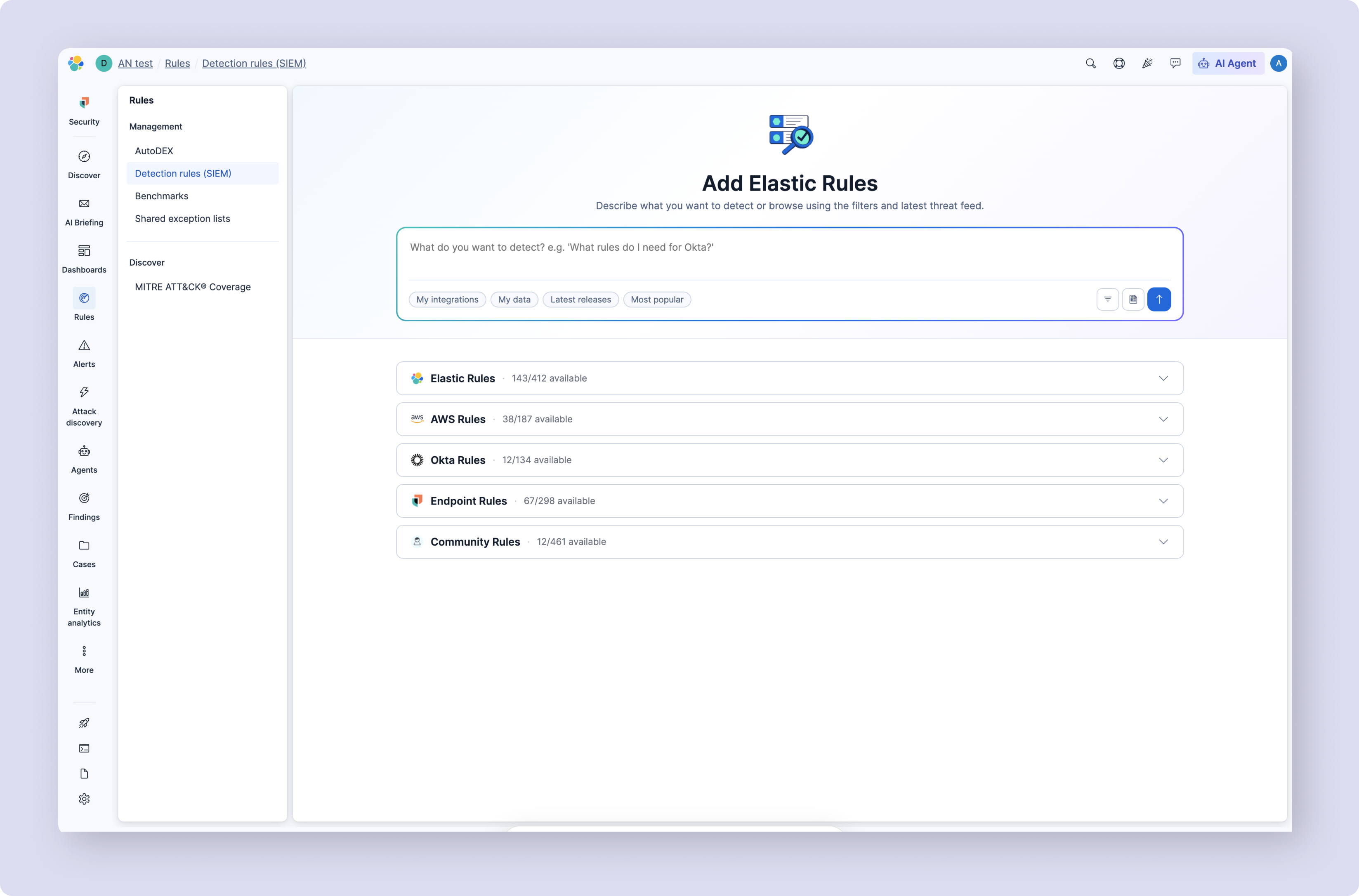Elastic Detection Rules — Add Rules semantic search interface