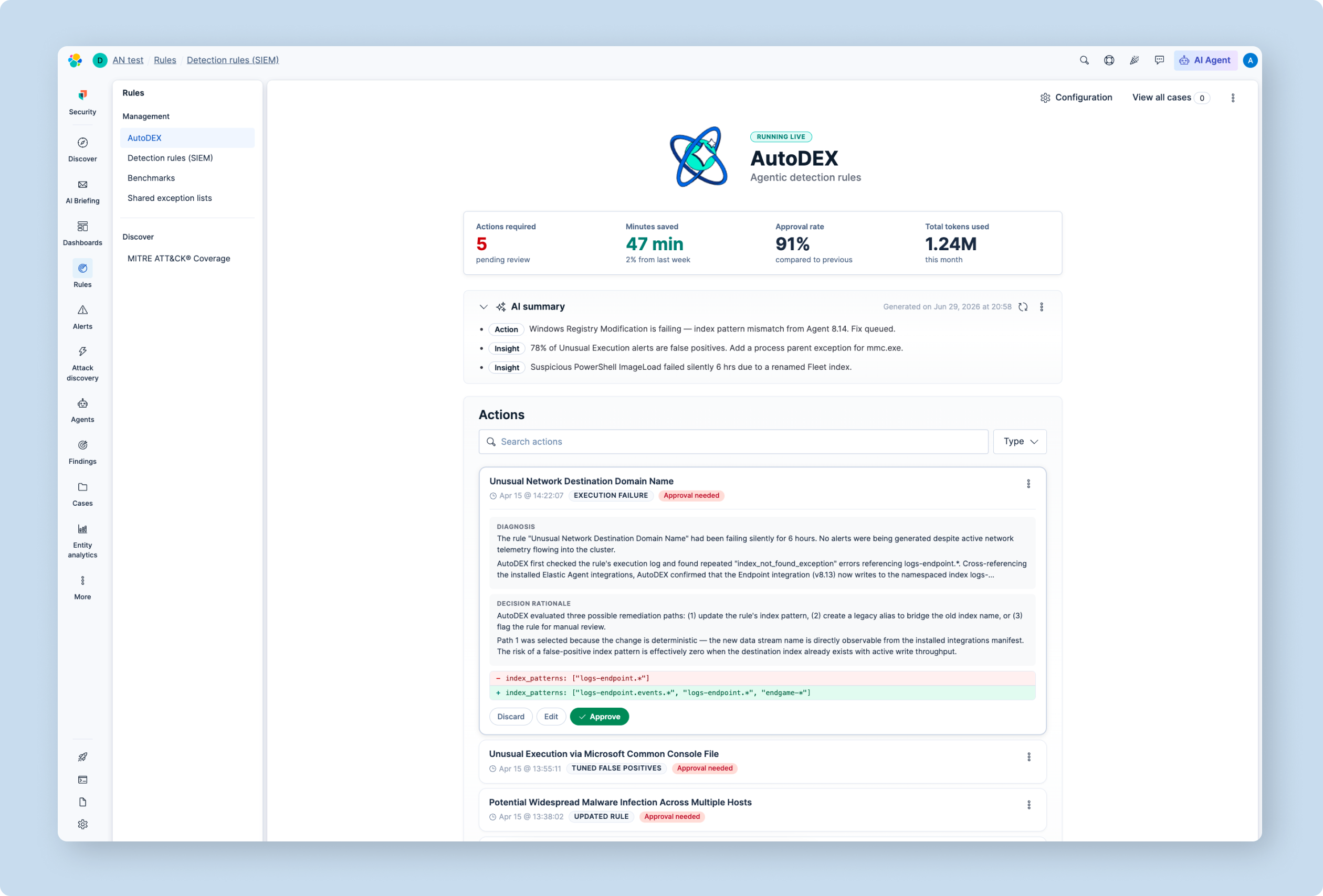 AutoDEX actions view — approval queue and activity log