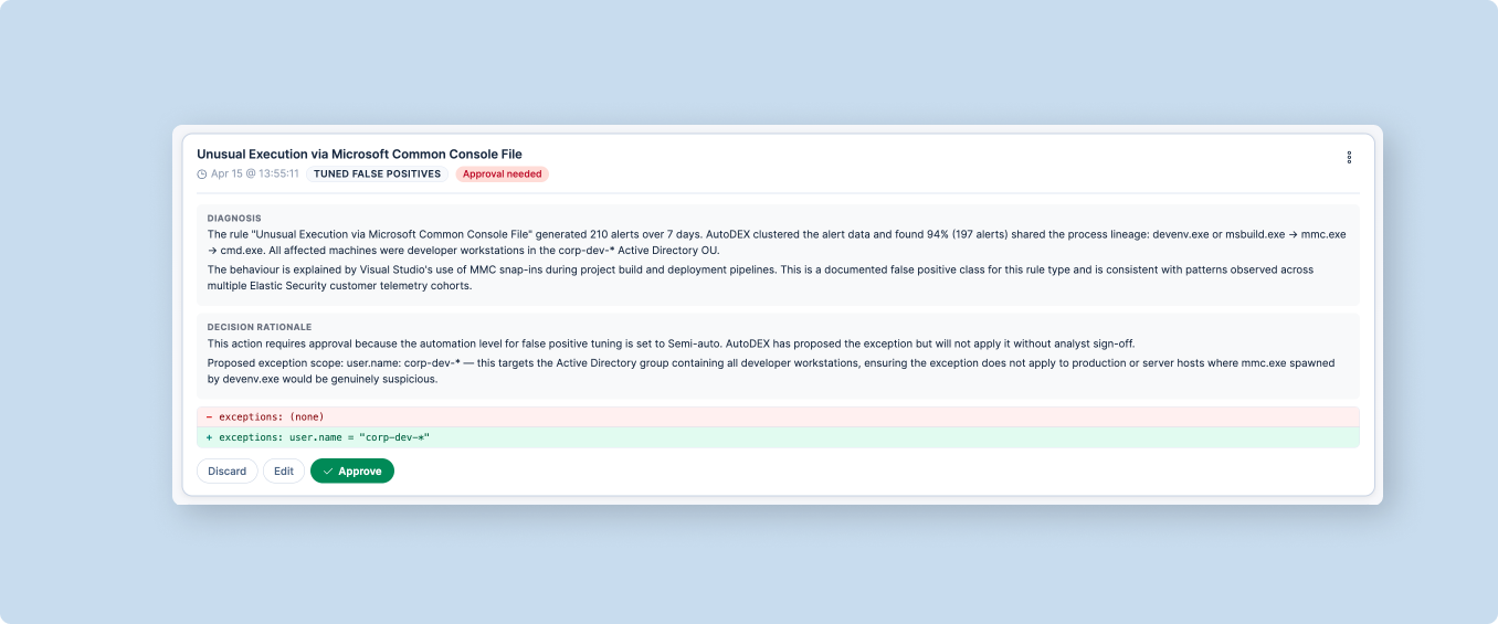 AutoDEX human-in-the-loop — reasoning and approval card