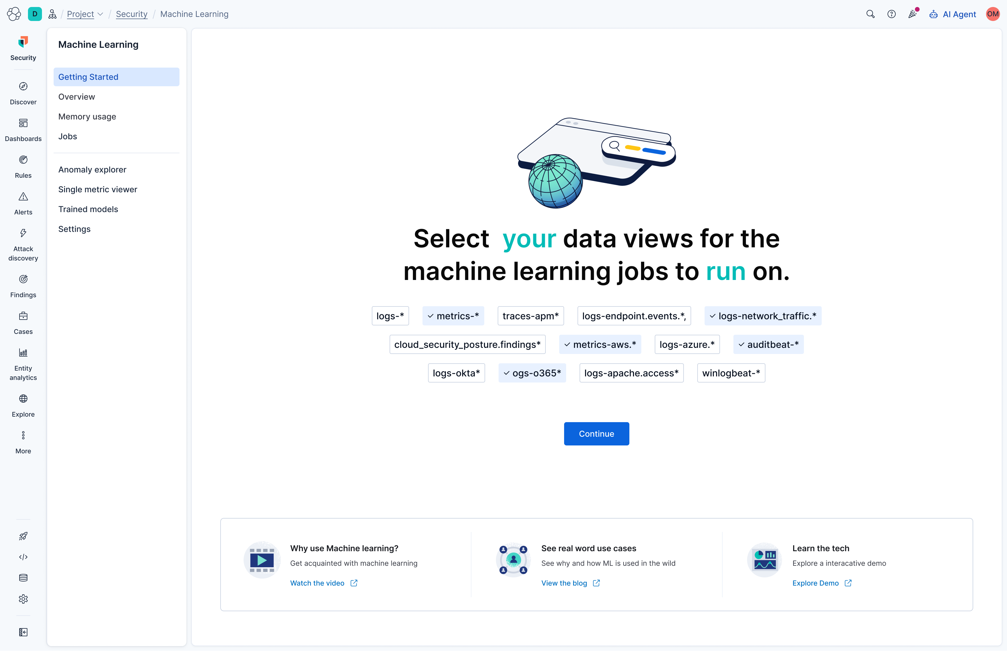 Select your data views for the machine learning jobs to run on